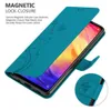 A teal flip phone case with a floral design is shown open, revealing a smartphone screen. Náhled obrázku produktu