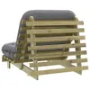 The back view of a futon sofa with a wooden frame and a gray mattress. Voir les images du produit