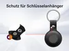 A black keychain tracker is shown with a close-up inset of its attachment mechanism. Text indicates it is a protective cover for keychains. Náhled obrázku produktu