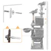 Diagrams showing how to assemble and secure a cat tree to a wall, alongside an image of the assembled cat tree. Produktbild-Vorschau