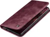 A burgundy flip cover phone case is shown from a diagonal angle, partially open to reveal a smartphone screen. Produktbild-Vorschau