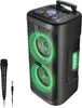 A black trolley speaker with green LED lights and a microphone on a white background. Voir les images du produit