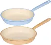 Two frying pans, one blue and one tan, are shown against a white background. Produktbild-Vorschau