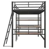 A metal loft bed with a desk and shelves, shown from the front against a white background. Náhľad obrázku produktu