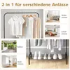 A collage of images showing a clothing rack with clothes and shoes, and various room settings where it could be used. Produktbild-Vorschau
