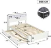 A diagram showing the dimensions of a white bed frame with a pull-out trundle bed and a headboard with storage. Produktbild-Vorschau
