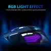 A gaming mouse with RGB lighting against a dark, smoky blue background. Produktbild-Vorschau