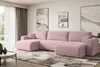 A modern living room with a large pink sectional sofa, abstract art on the wall, and a coffee table with vases. Produktbild-Vorschau