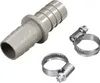 A gray plastic hose connector and two silver metal hose clamps are arranged on a white background. Produktbild-Vorschau