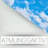 A close-up of a white textured material with a sky and clouds pattern overlaid on a diagonal section. Text is present at the bottom. Produktbild-Vorschau
