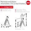 Diagrams and text explaining the dimensions and maximum working height of a stepladder, with a person using the ladder. Produktbild-Vorschau