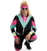 A man wearing an 80s-style tracksuit, wig, and sunglasses, crouching on a white background. Produktbild-Vorschau