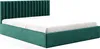 A green upholstered bed with a white sheet on a white background. Produktbild-Vorschau