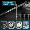 A torque wrench and socket set is displayed with various vehicle wheels and machinery in the background, suggesting versatility. Produktbild-Vorschau