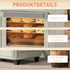 A close-up view of a mini oven with baked goods inside, highlighting its features with text overlays. Produktbild-Vorschau