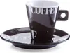 A black espresso cup and saucer with the word "COFFEE" printed on them in white. Anteprima dell’immagine prodotto