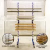 A drying rack with multiple shelves holding wooden panels, with inset images showing details and usage. Anteprima dell’immagine prodotto