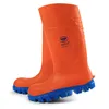 A pair of orange and blue work boots are shown against a white background. Produktbild-Vorschau
