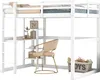 A white loft bed with a desk and shelves underneath, featuring a chair and storage basket. Produktbild-Vorschau