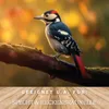 A woodpecker perched on a mossy branch with a blurred autumn background, with text overlay at the bottom. Produktbild-Vorschau
