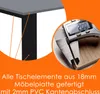 Close-up of a table edge and a caliper measuring the thickness of the material, with text describing the product's features. Náhľad obrázku produktu