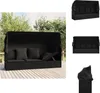 A collage of images showing a black outdoor lounge bed with a canopy and cushions, displayed in different angles and a close-up of the cover. Produktbild-Vorschau