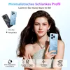 A woman is holding a blue smartphone, with two phones displayed on the left side of the image. There are also feature callouts at the bottom. Produktbild-Vorschau
