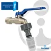 A close-up of a faucet with a blue handle and a hose connector attached, shown against a white background with abstract gray shapes. Produktbild-Vorschau