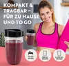 A woman in athletic wear holds a blender cup and a yoga mat, with text overlays describing product features. Podgląd zdjęcia produktu