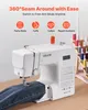 A white VEVOR sewing machine is shown on a wooden table, with a pair of jeans being sewn. The background features marketing text and icons. Podgląd zdjęcia produktu