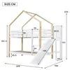 A diagram showing the dimensions of a bunk bed with a slide and a house-shaped frame. Náhled obrázku produktu