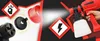 A split image showing parts of a red and black electric paint sprayer on the left and a person holding the sprayer on the right, with warning symbols present. Produktbild-Vorschau