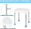 A white shower stool with silver legs and blue feet, shown with close-up insets highlighting adjustable height and non-slip surface. Text overlays describe features. Produktbild-Vorschau