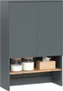 A gray cabinet with two doors above an open shelf containing two glass jars and a tissue box. Produktbild-Vorschau