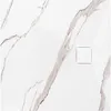 A close-up view of a white shower tray with marble-like veining and a square drain cover. Náhled obrázku produktu