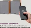 A hand holding a smartphone is shown next to a pair of speakers, illustrating wireless streaming. Produktbild-Vorschau