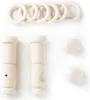 A collection of wooden curtain rod accessories, including rings and mounting components, arranged on a white background. Produktbild-Vorschau
