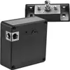 A black electronic RFID sensor cabinet lock and its mounting bracket are shown against a white background. The lock has a metallic corner piece with two circular openings. The mounting bracket has a silver plate with a protruding pin and two screws. Náhled obrázku produktu