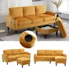 A collage of images showing a yellow sofa with a storage ottoman and a separate armchair, with close-ups of features like cup holders. Náhled obrázku produktu