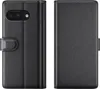 A black leather flip case for a smartphone is shown from the front and back. Produktbild-Vorschau