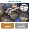 A bed with hydraulic storage is shown, with various compartments for storage. The bed has LED lighting. Náhled obrázku produktu