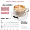 A coffee cup with latte art sits on a white mug warmer, with text and a graph explaining its features and temperature settings. Produktbild-Vorschau