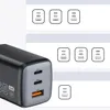 A close-up of a black GaN charger with multiple ports, shown next to diagrams illustrating port configurations. Podgląd zdjęcia produktu