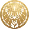 A golden circular logo featuring a stag's head with a cross between its antlers, set against a radiating sunburst pattern. Produktbild-Vorschau
