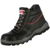 A black safety boot with red accents and gray laces, shown against a white background. Produktbild-Vorschau