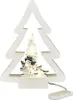 A white wooden Christmas tree decoration with a snowman and a small tree inside, illuminated by LED lights. Produktbild-Vorschau