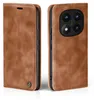 A brown leather flip case for a smartphone, shown from the front and back. Produktbild-Vorschau