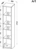 A technical drawing of a tall, narrow bookshelf with dimensions and weight limits indicated. Náhled obrázku produktu