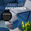 Modular sofa elements in blue and gray, with text overlays highlighting features. Produktbild-Vorschau