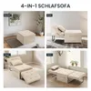A collage of four images showing a beige convertible sofa bed in different configurations: as a hocker, a chair, a chaise lounge, and a bed. Náhled obrázku produktu